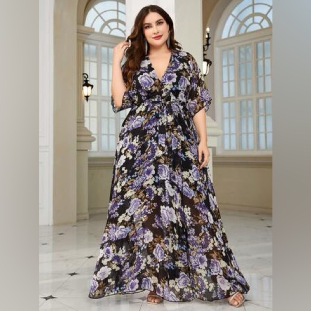 Unithorse Black Blue Floral Boho Maxi Dress V Neck Kimono Sleeve Size 1XL